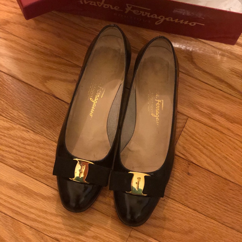 Black Ferragamo flats, size 6.5